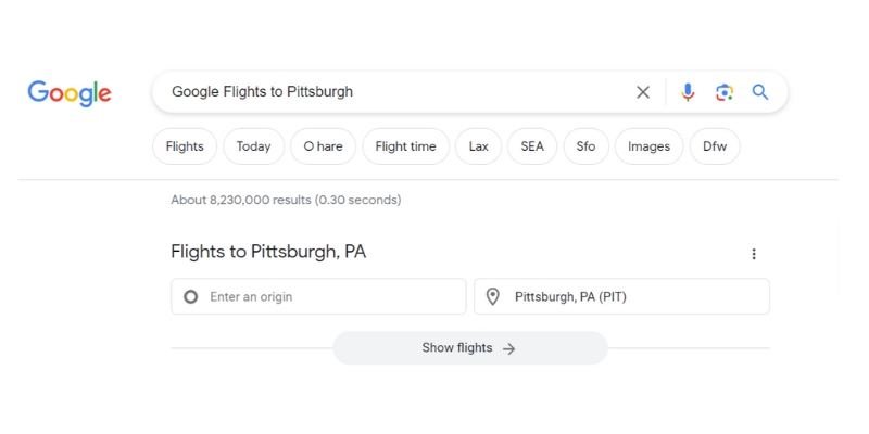 Google Flights to Pittsburgh