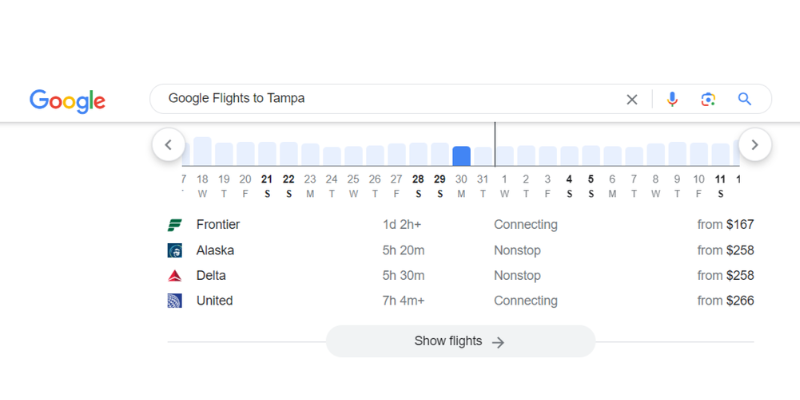 Google Flights to Tampa